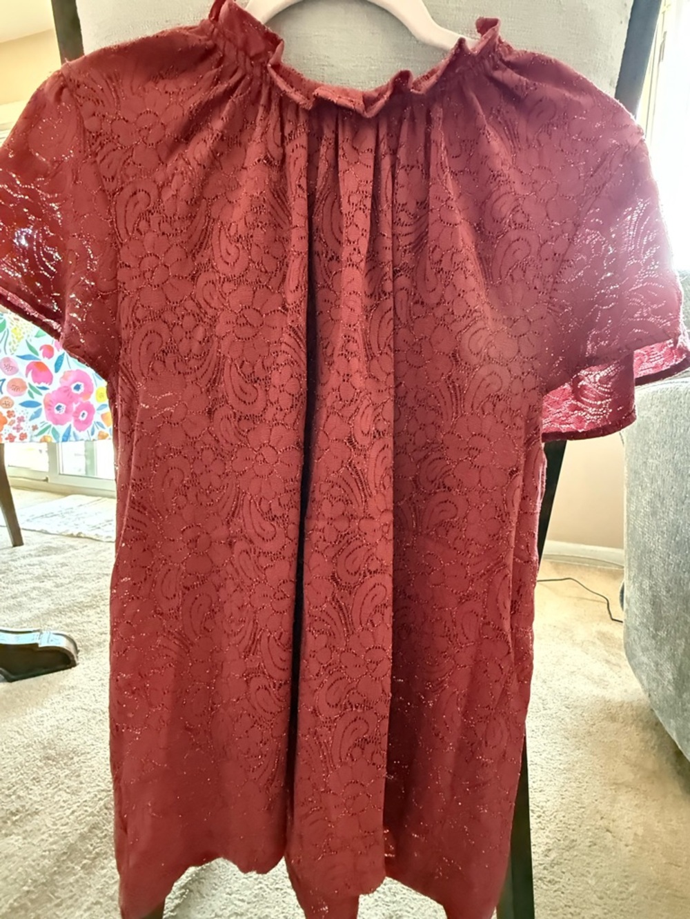 LOFT Lace Short Sleeve Blouse in Burgundy